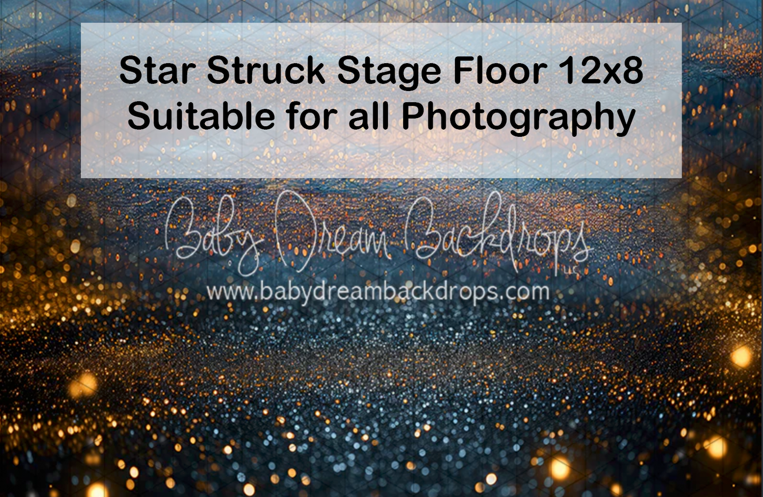 A glittery dark blue and gold bokeh star stage floor photography backdrop, 12x8 size, suitable for all photography.