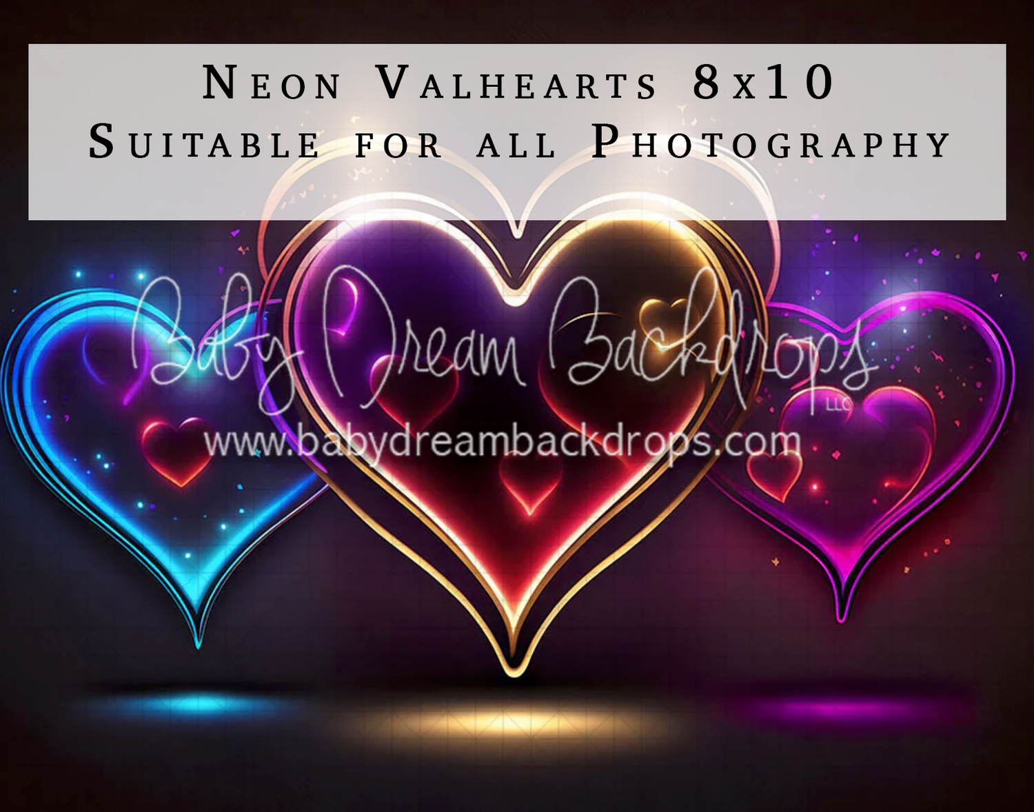 Vibrant neon glowing hearts in blue, purple, and red on dark background, Neon Valhearts 8x10 photography backdrop.