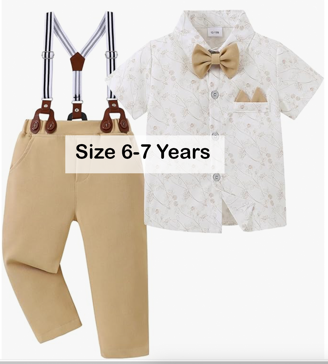 Size 6-7 years boys formal outfit with floral shirt, bow tie, suspenders and khaki pants.