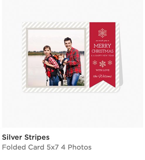 Silver Stripes folded 5x7 Christmas card with diagonal stripes border and red banner reading Merry Christmas.