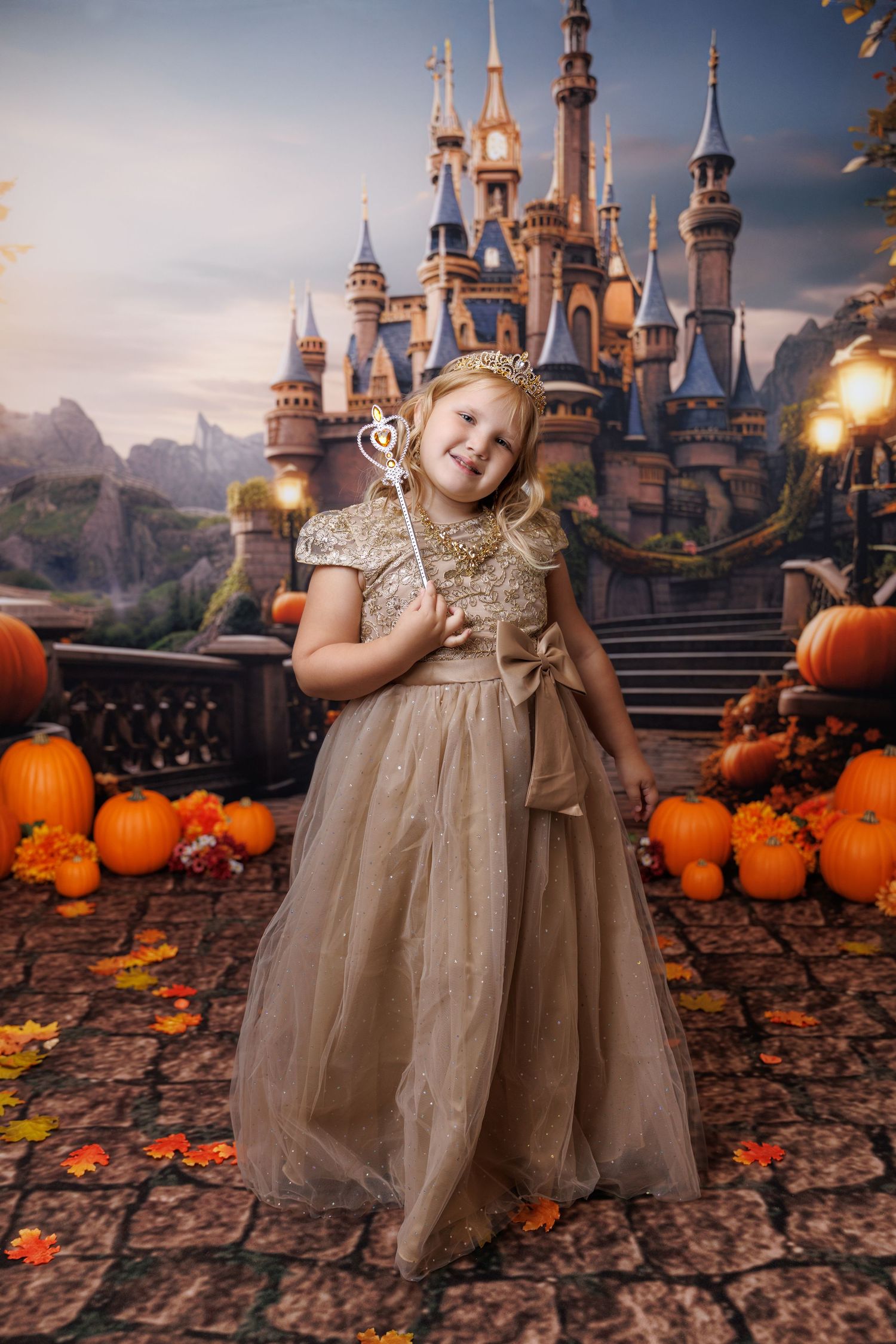 A young girl in a golden princess gown and crown holds a wand before a fairy tale castle with pumpkins.