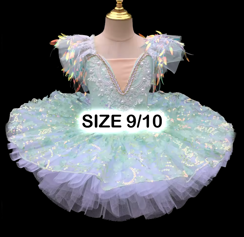 Size 9/10 iridescent mint green sequin ballet tutu dress with feather shoulders and layered tulle skirt on mannequin.