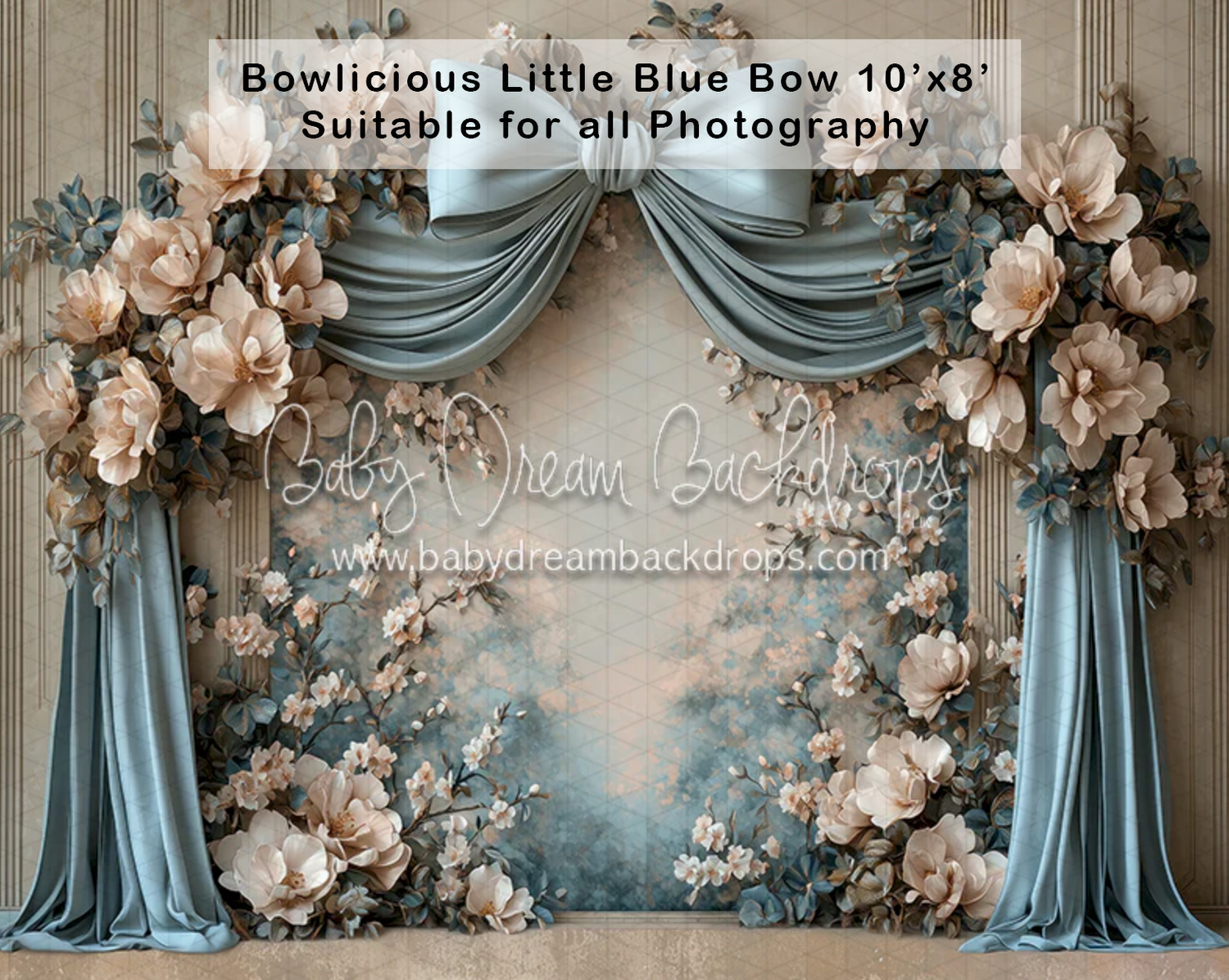 Elegant blue draped photography backdrop with soft floral arrangements, 10x8ft, suitable for all photography styles.