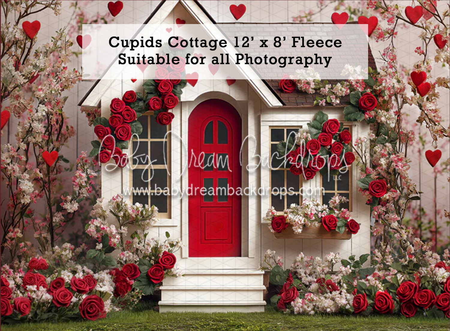 Valentine's Day photography backdrop featuring a charming cottage with red door, roses, and heart decorations, 12x8ft fleece.