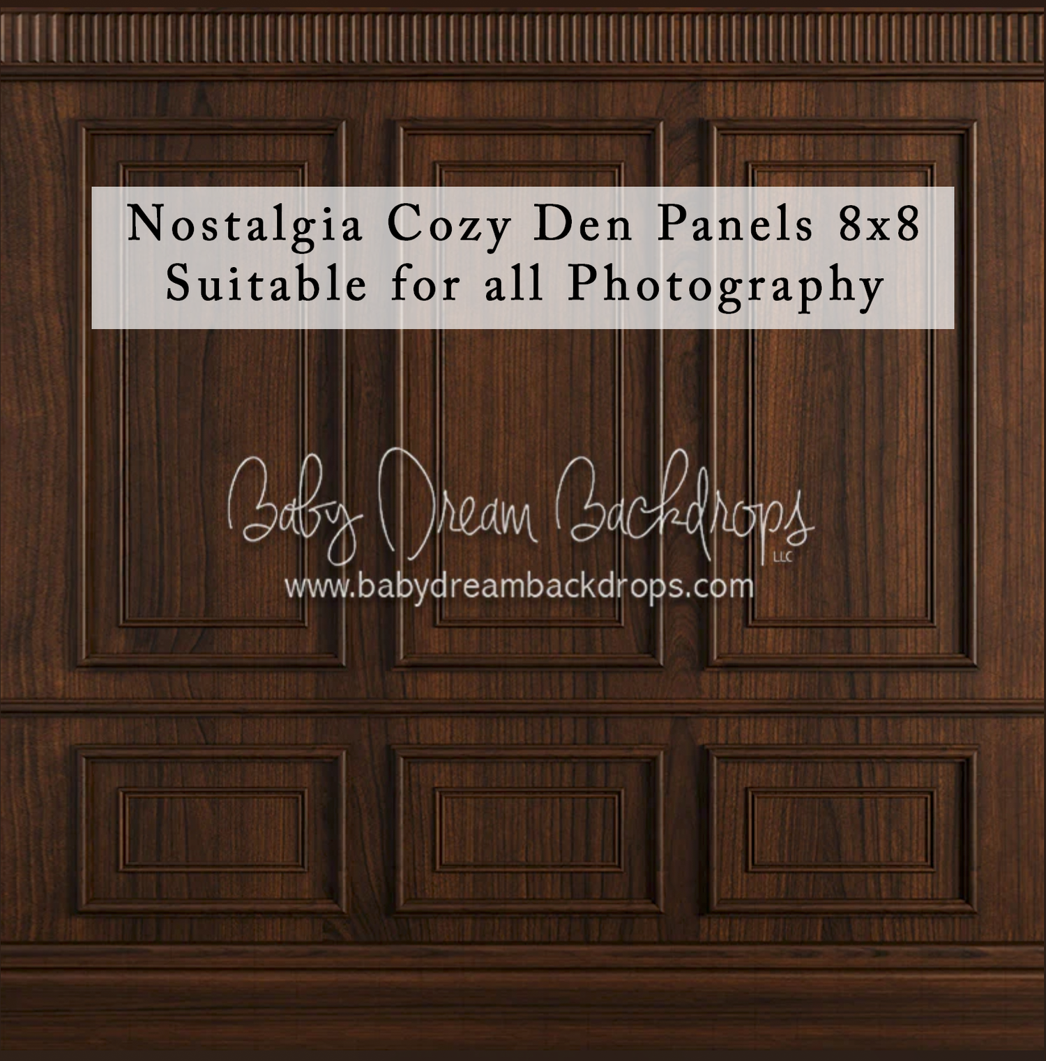 Dark walnut wood panel photography backdrop, 8x8ft, ideal for professional studio portraits and newborn photography sessions.