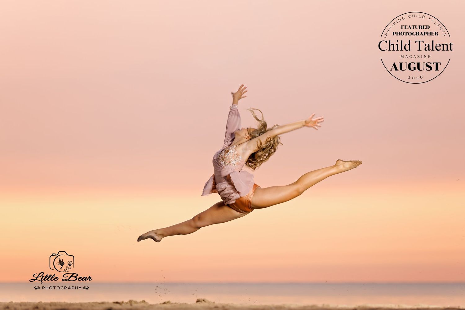 A young dancer leaps gracefully against a pink sunset sky on a beach, featured as Child Talent photographer of August.