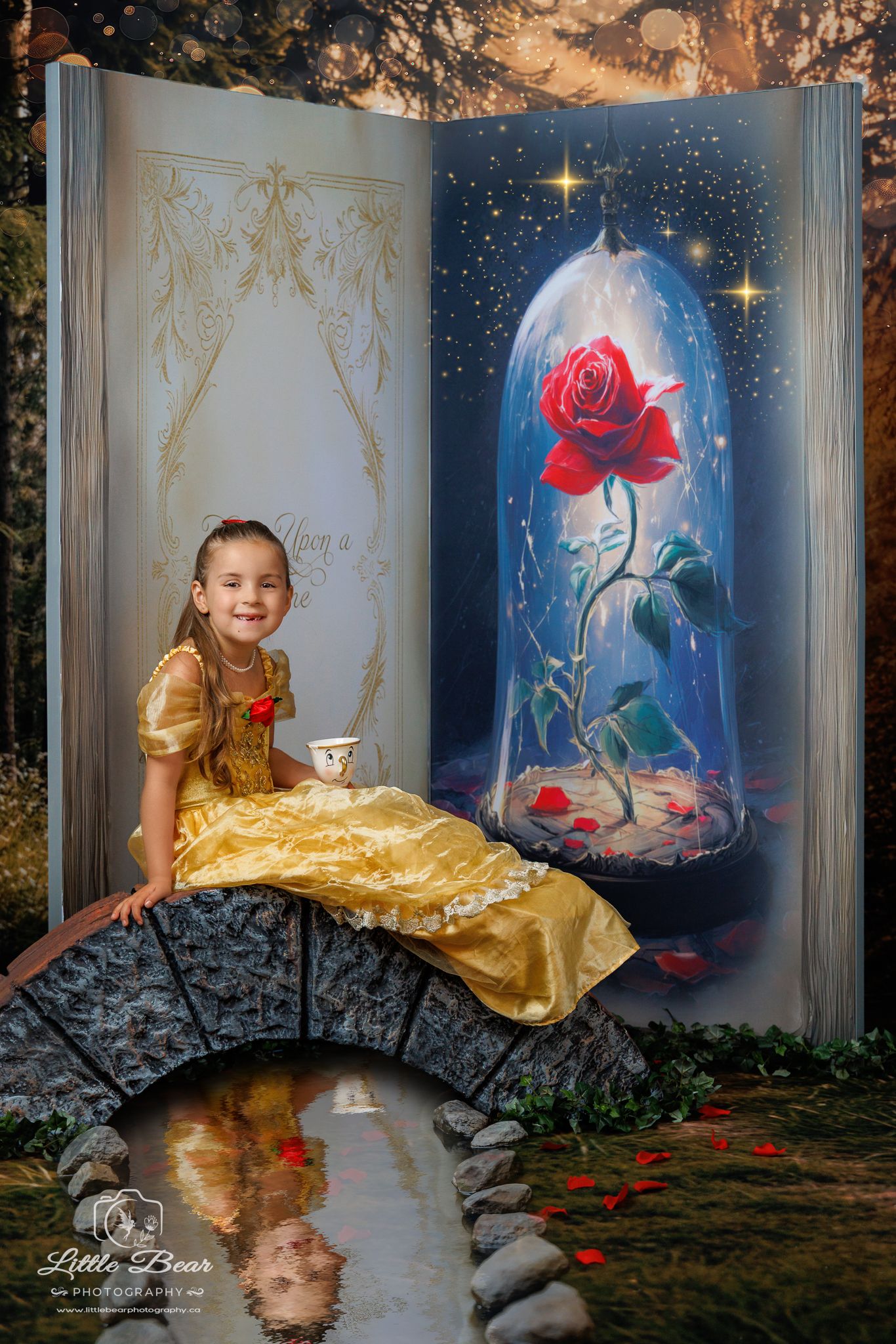 Smiling girl in Belle costume sits on stone bridge with Beauty and the Beast storybook and enchanted rose backdrop.