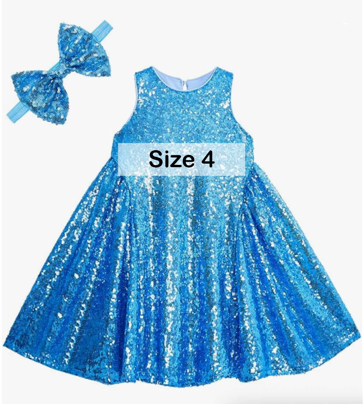 Blue sequin sleeveless girls dress size 4 with matching bow headband.