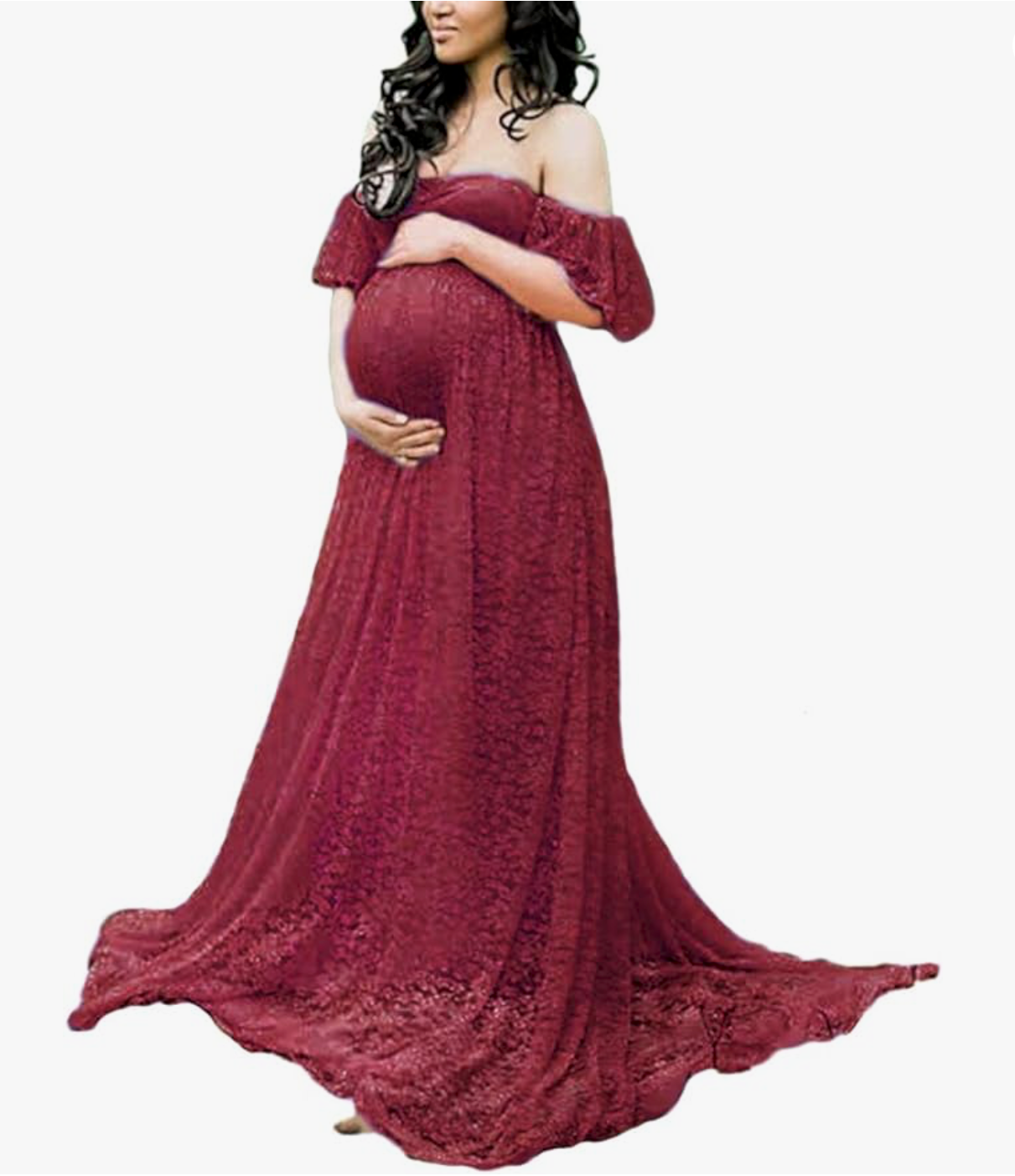 Burgundy off-shoulder lace maternity gown with long train for photoshoot.