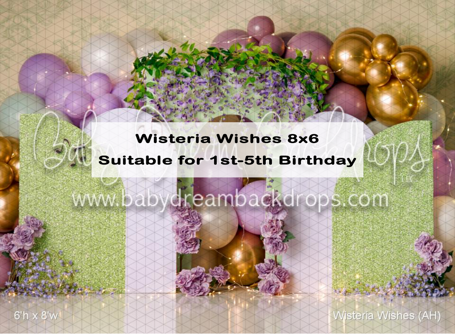 Wisteria Wishes 8x6 birthday backdrop with purple flowers, gold balloons, and green foliage for 1st-5th birthdays.