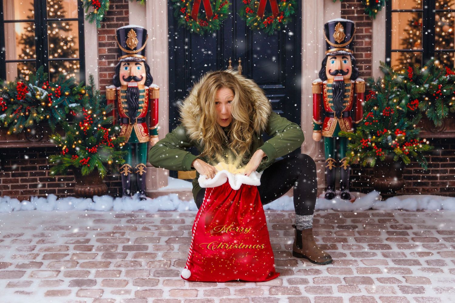 Woman opening a glowing red Christmas sack flanked by nutcracker statues in a snowy holiday scene.