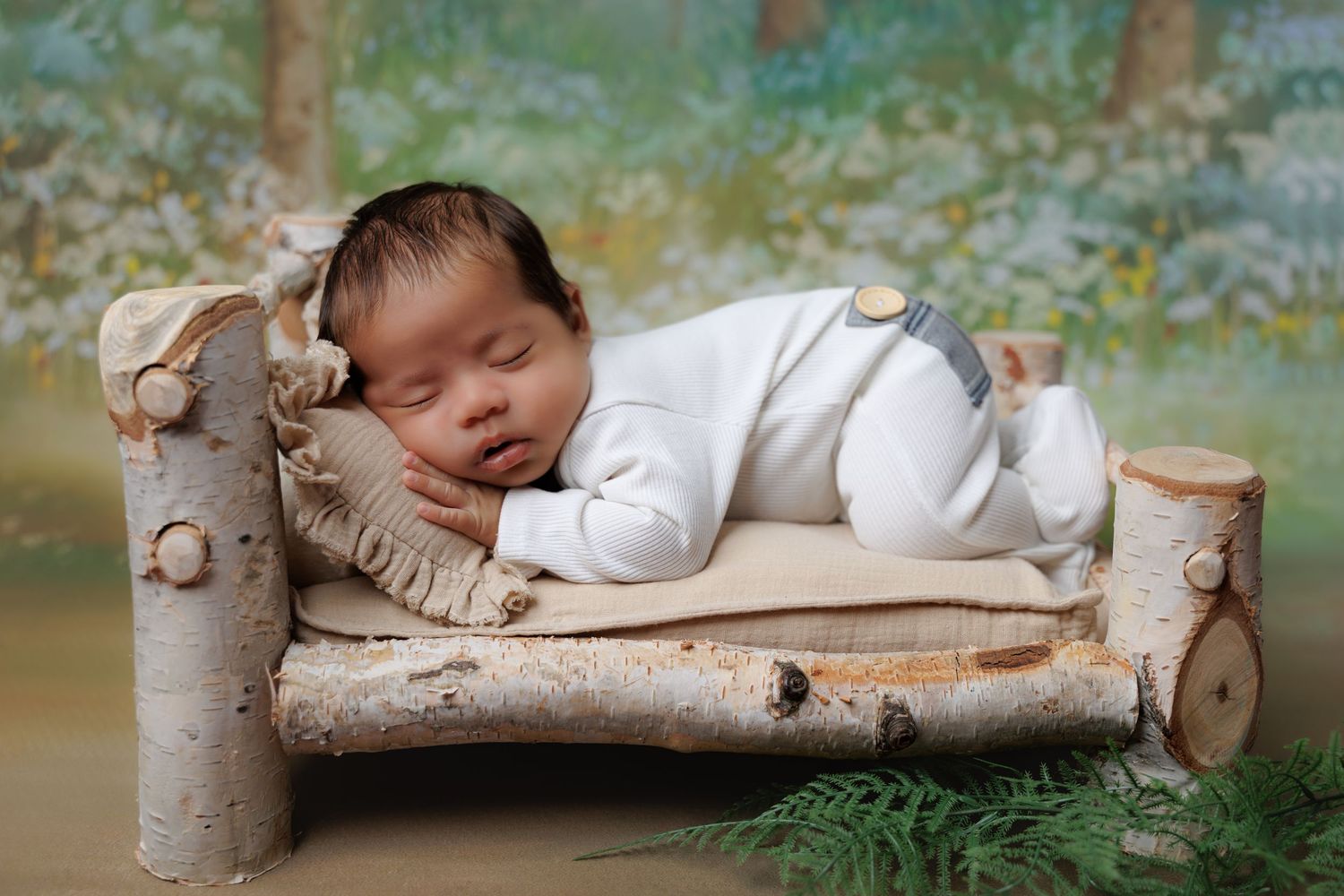 Peaceful newborn baby sleeping on a rustic birch wood miniature bed with nature backdrop.