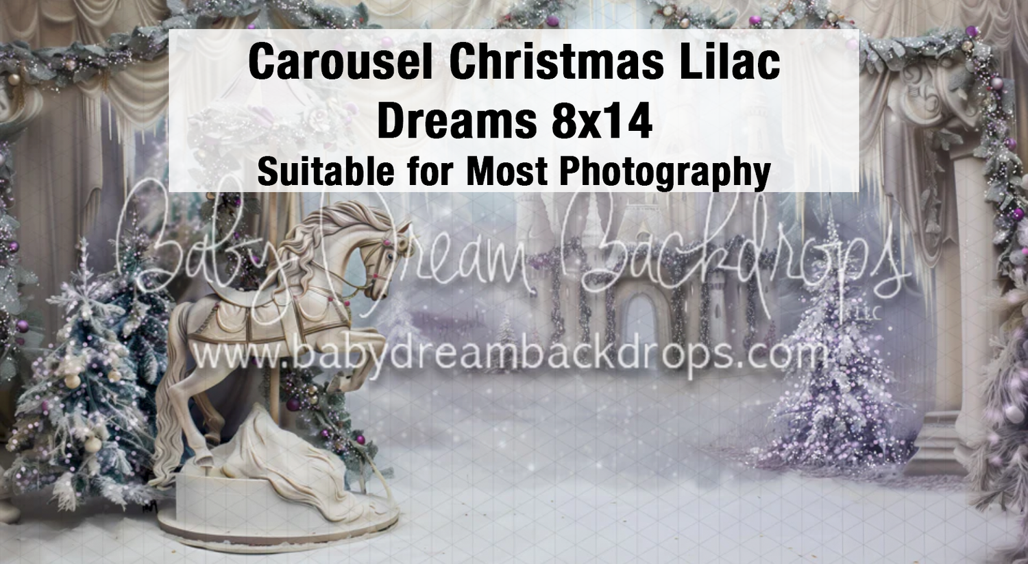 Carousel Christmas Lilac Dreams 8x14 photography backdrop featuring snowy winter scene with carousel horse and purple floral arch.