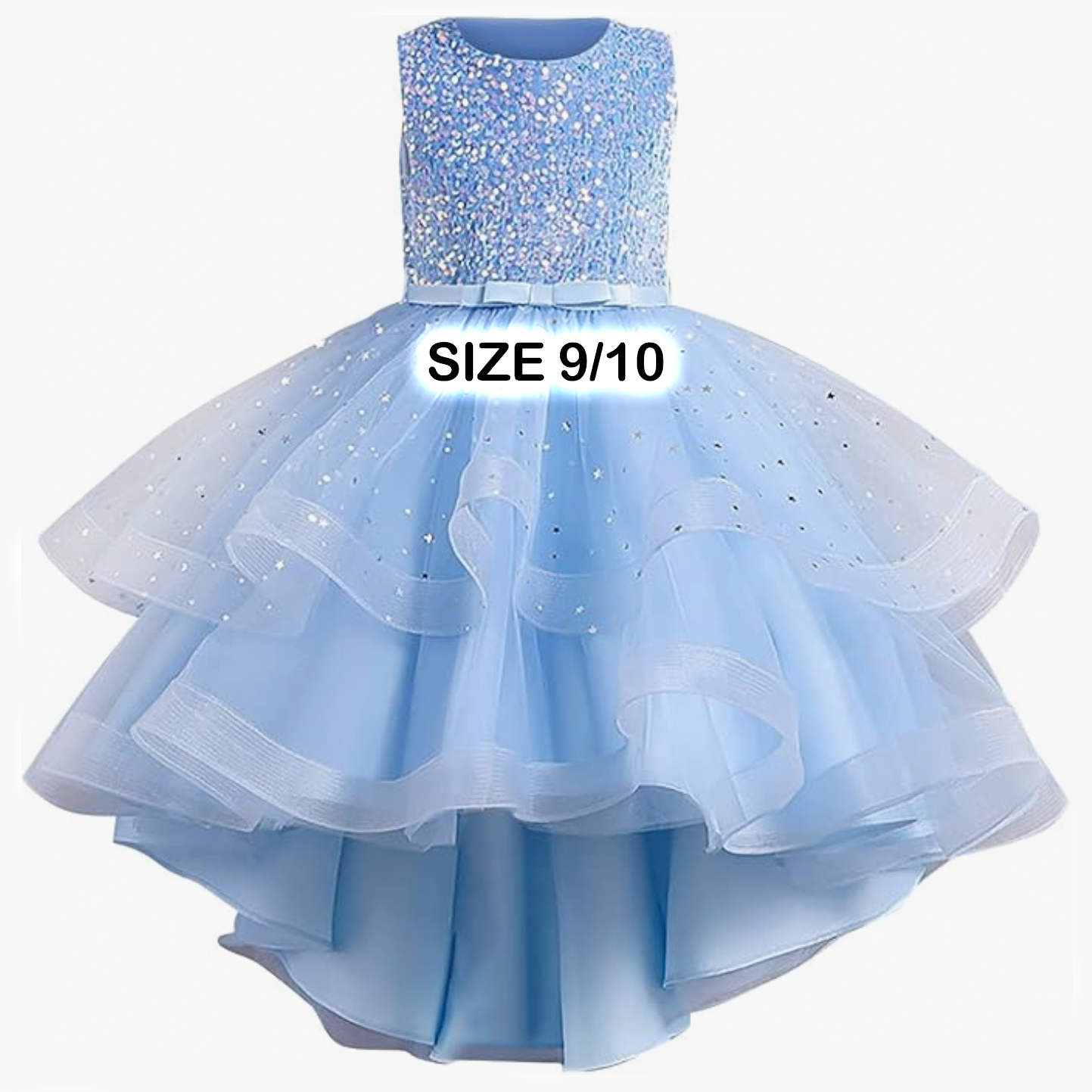 Light blue sequined hi-low tiered tulle flower girl dress with sparkle bodice, size 9/10.