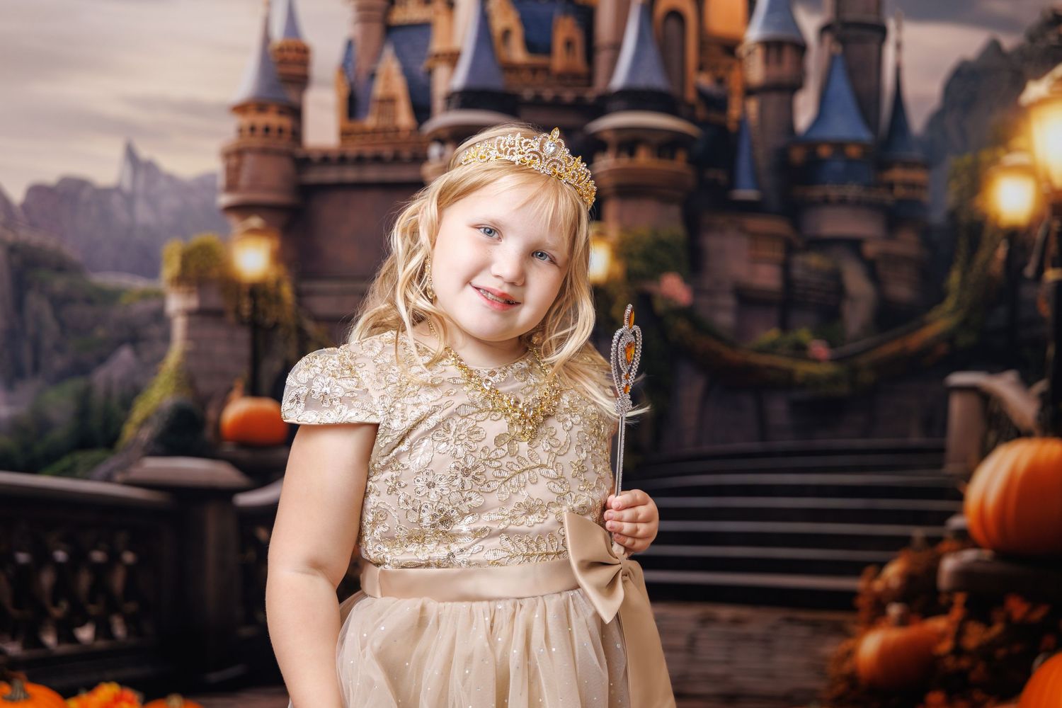 Young girl in gold dress and crown holds magic wand before fairy tale castle backdrop with pumpkins.