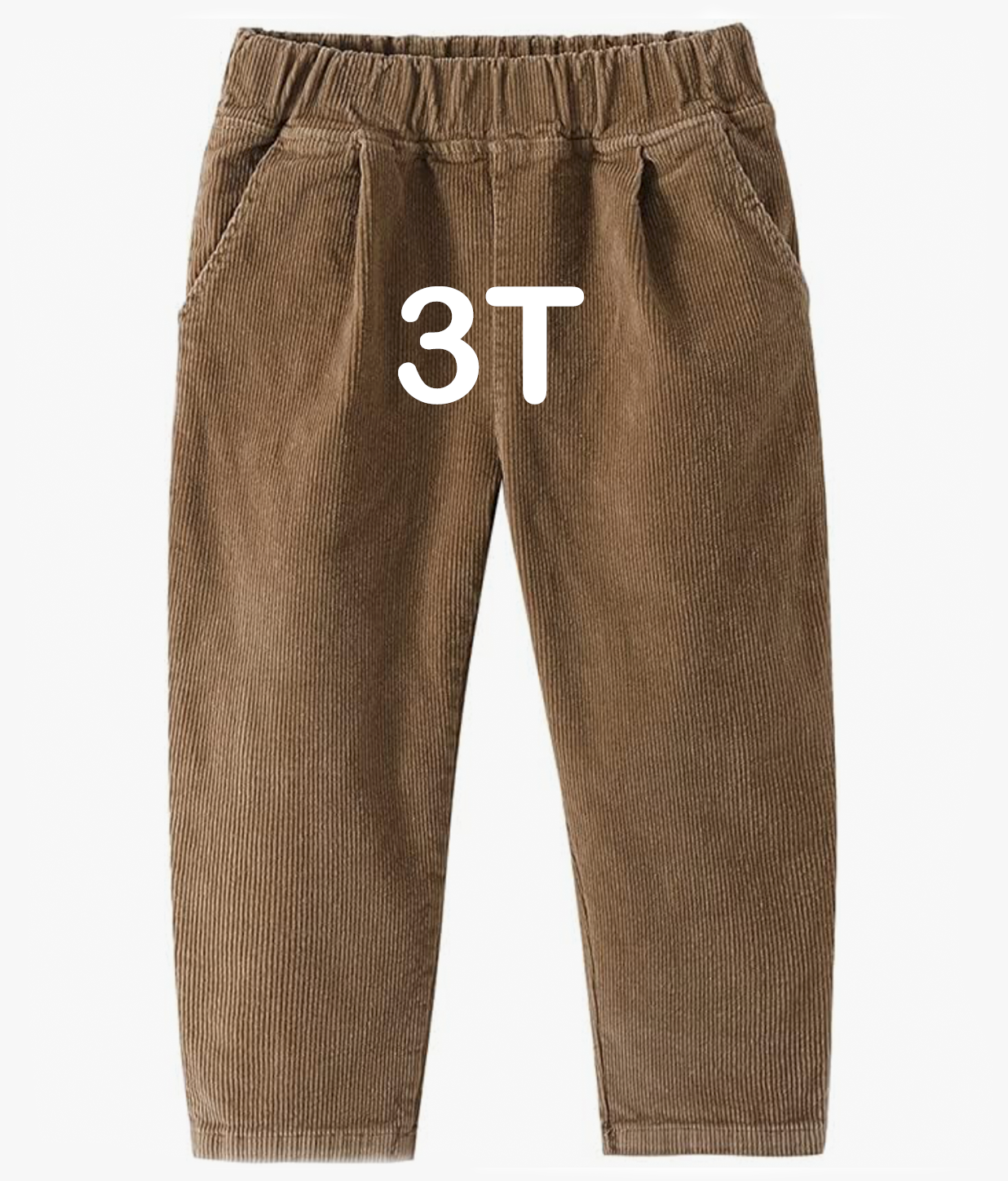Brown corduroy toddler pants size 3T with elastic waistband and side pockets.
