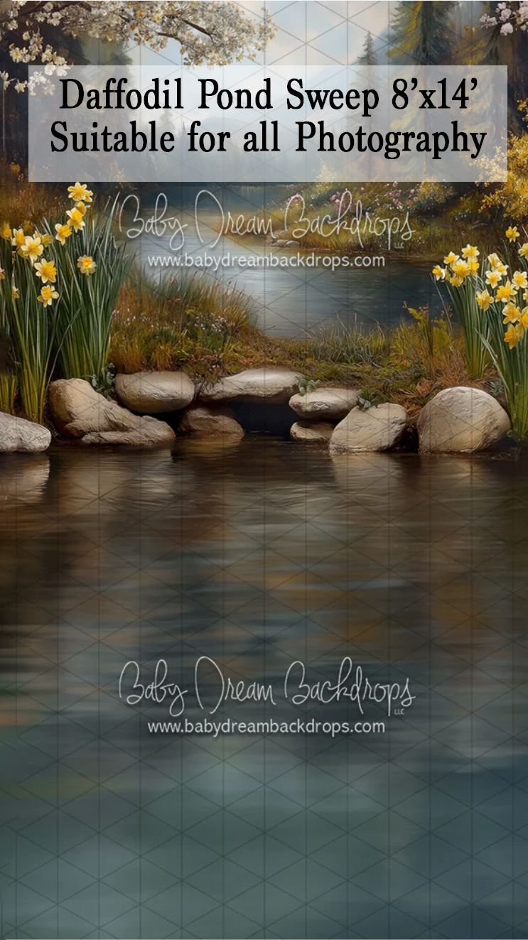 A serene daffodil pond photography backdrop featuring rocks, yellow flowers, and reflective water by Baby Dream Backdrops.