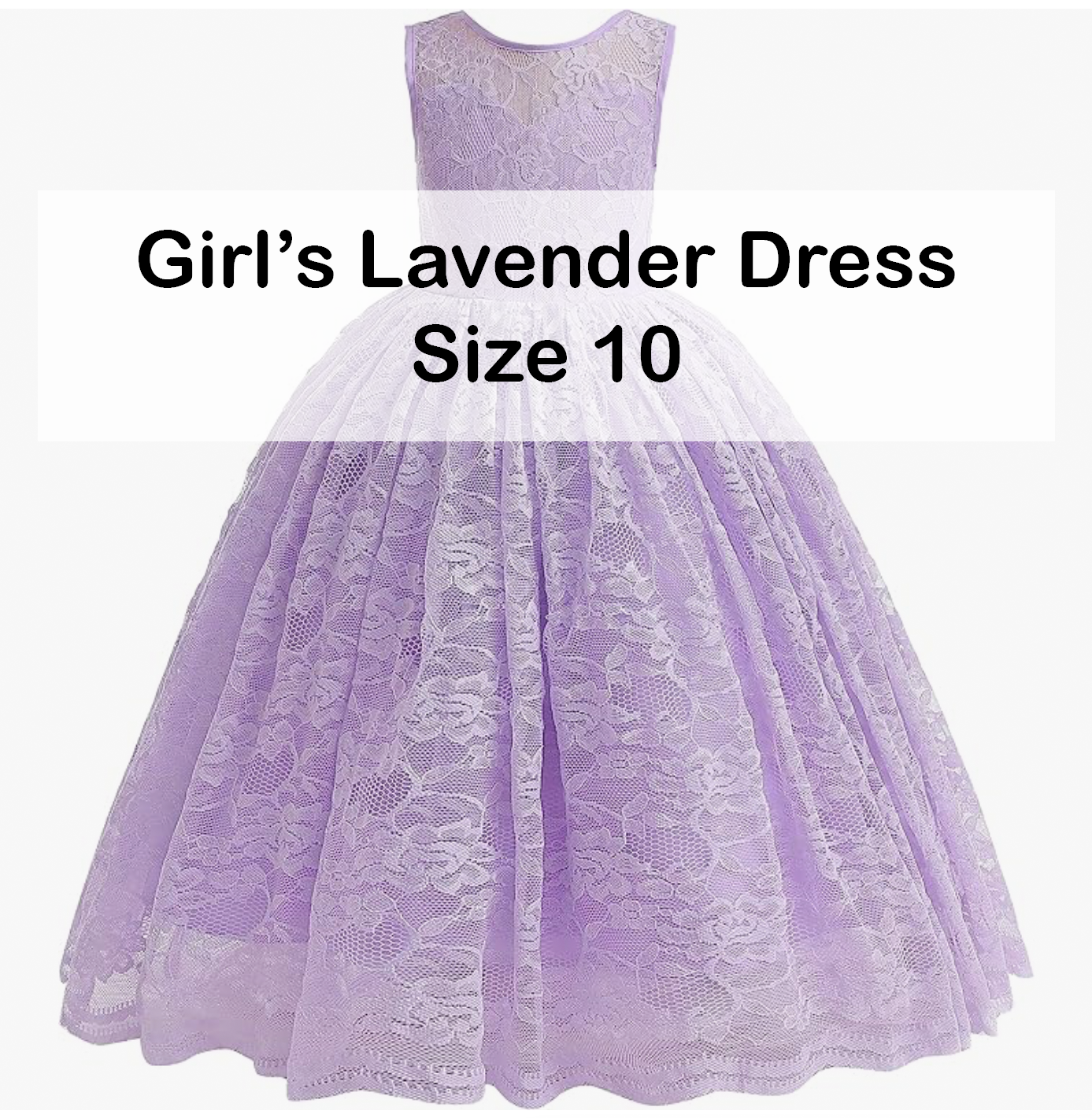 Girls lavender lace sleeveless floor-length dress, size 10.