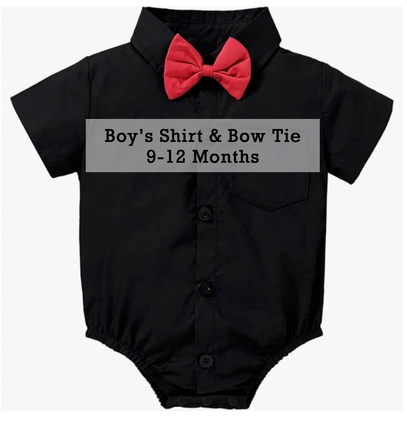 Boys black short sleeve shirt onesie with red bow tie, size 9-12 months.