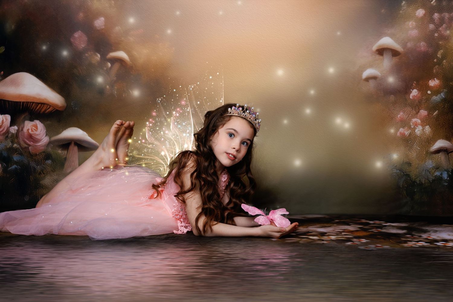 A young girl dressed as a fairy princess in a pink gown with wings and tiara poses in an enchanted forest scene.