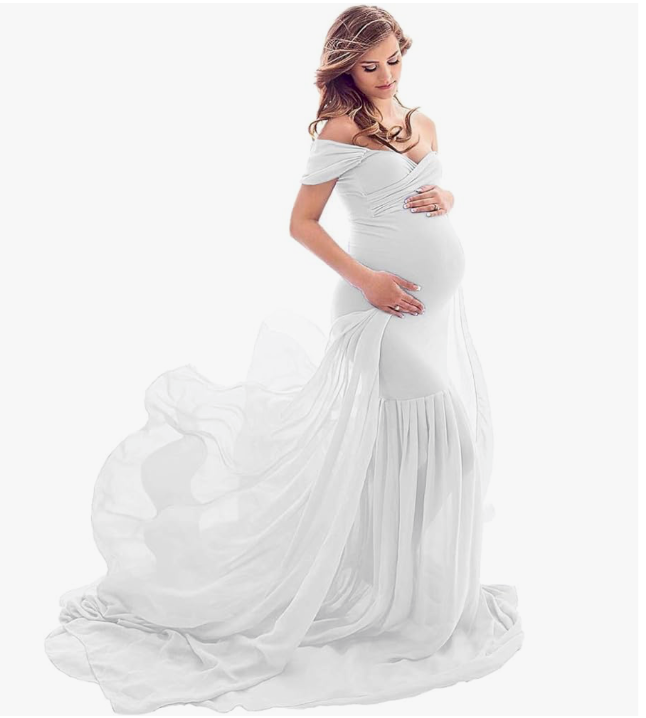 Elegant white off-shoulder maternity mermaid gown with flowing chiffon train.