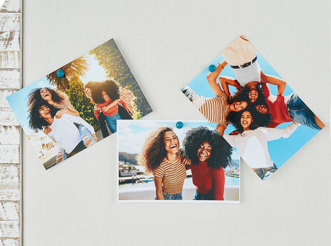 Three photos of happy women friends enjoying summer outdoors displayed on white surface.