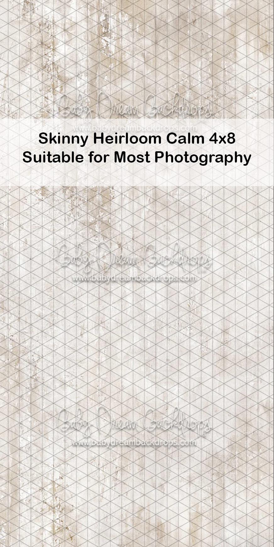 Skinny Heirloom Calm 4x8 photography backdrop in soft beige with distressed texture, suitable for most photography.