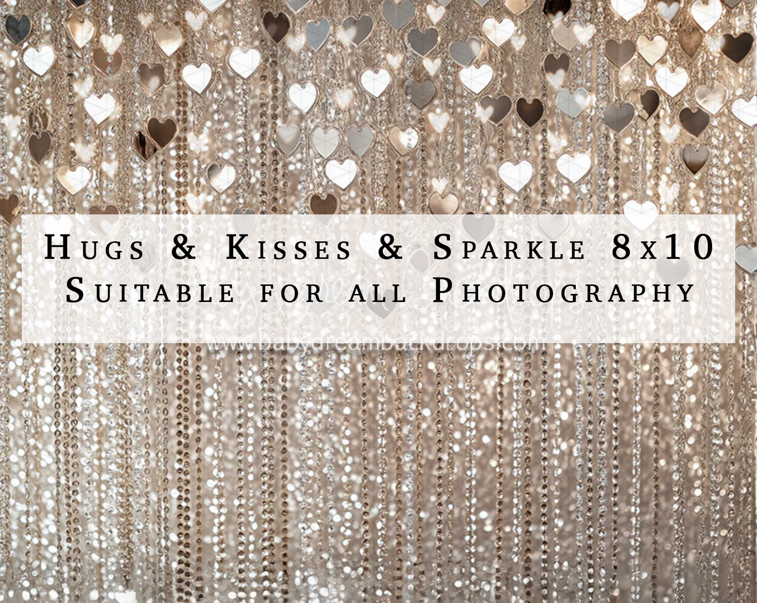Shimmering silver curtain backdrop with heart-shaped glitter accents for Valentine photography, Hugs Kisses Sparkle 8x10.