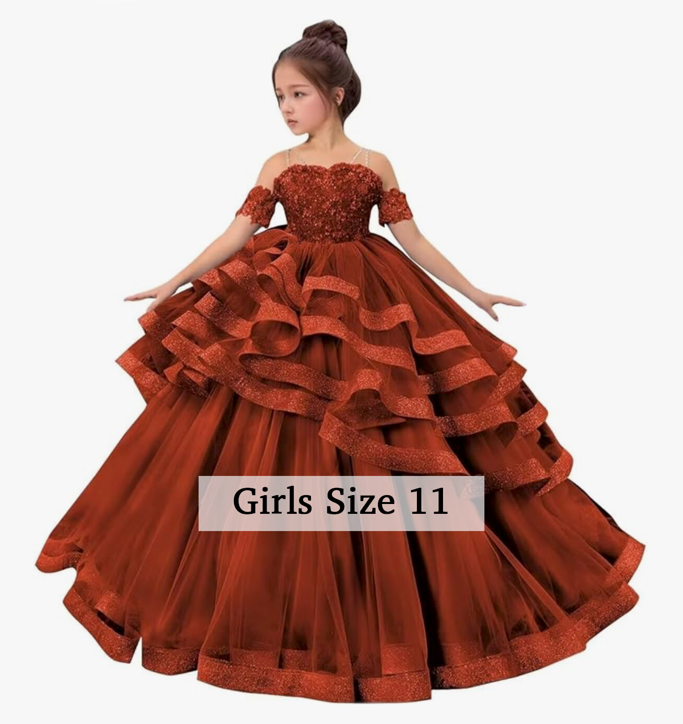Girls size 11 rust red ball gown with off-shoulder lace bodice and tiered tulle skirt for special occasions.