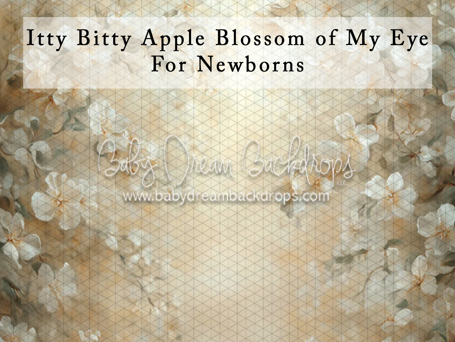 Soft floral newborn photography backdrop with cream apple blossoms on warm golden background by Baby Dream Backdrops.