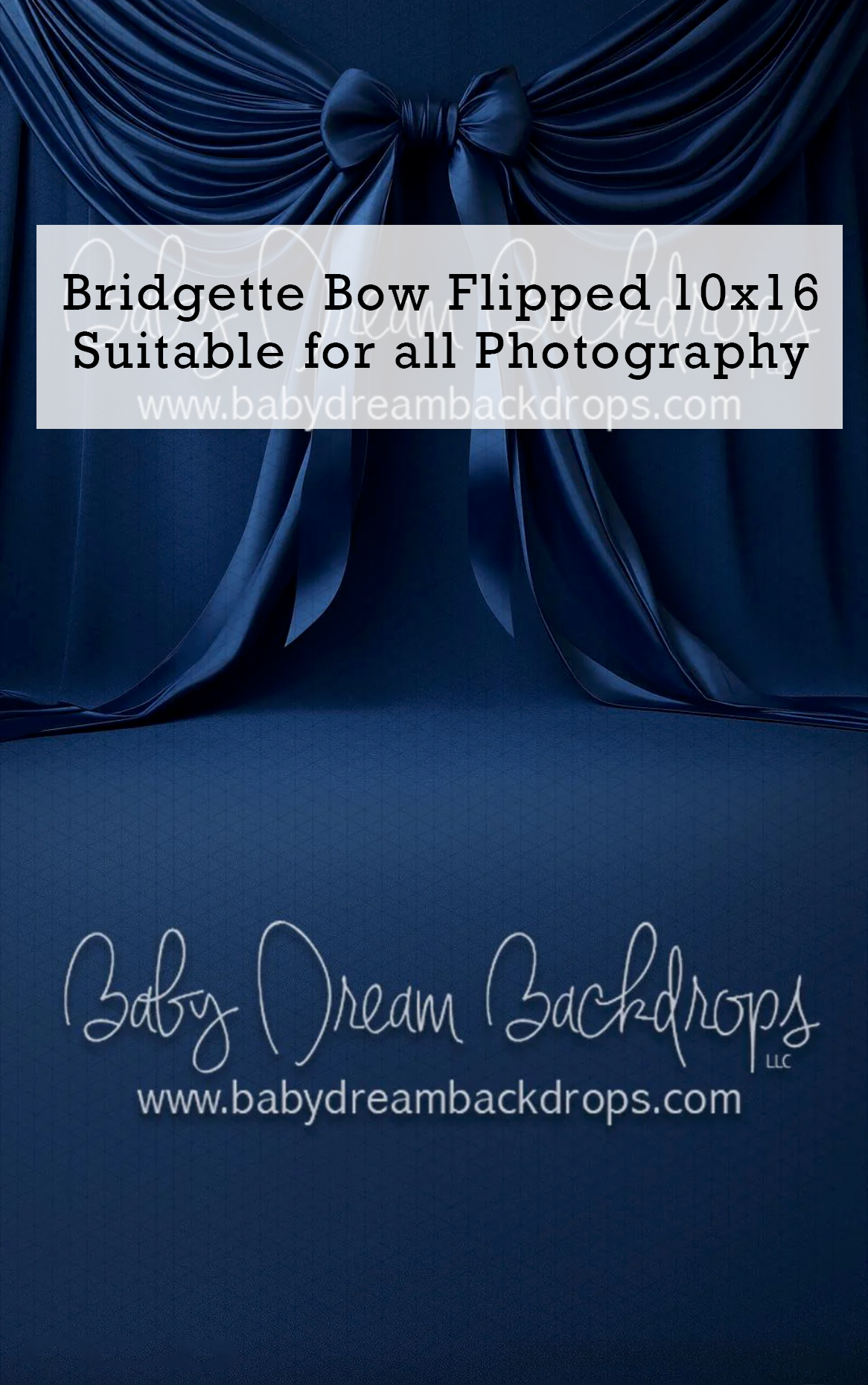 Navy blue draped fabric photography backdrop with elegant bow, 10x16, by Baby Dream Backdrops.