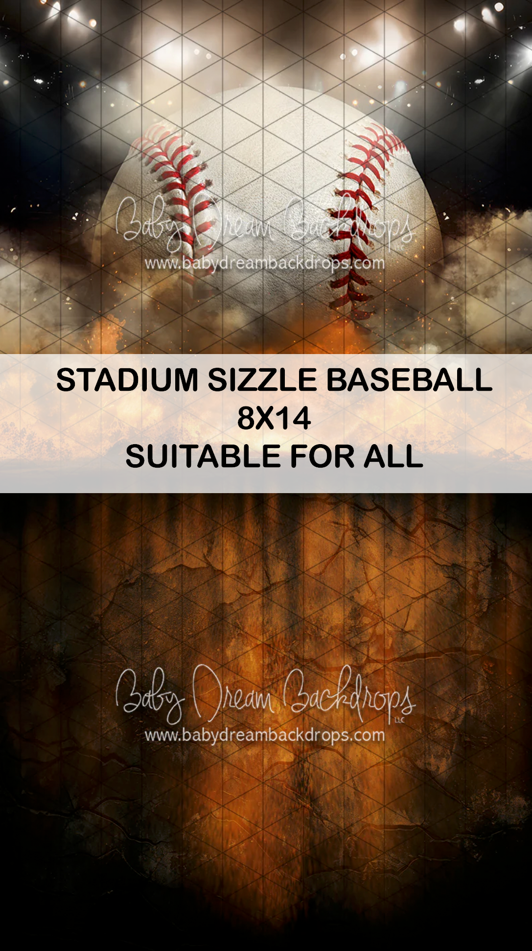Stadium Sizzle Baseball 8x14 photography backdrop featuring a dramatic baseball close-up and rustic orange textured background.