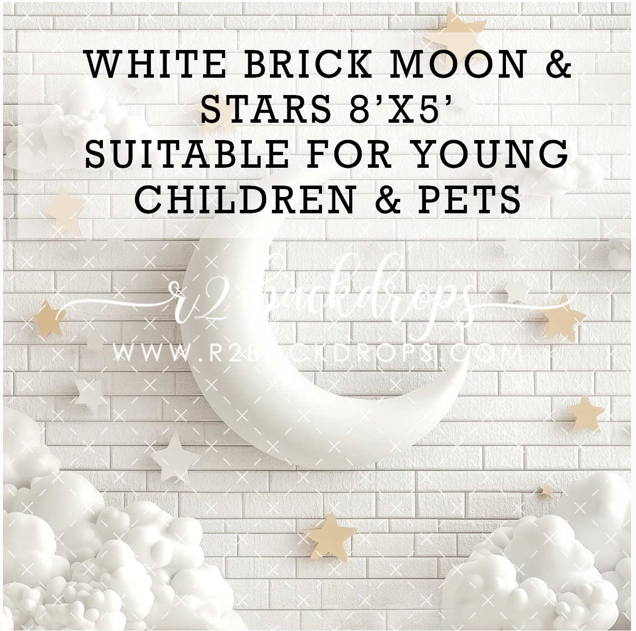 White brick moon and stars photography backdrop 8x5 ft, suitable for young children and pets with soft clouds.