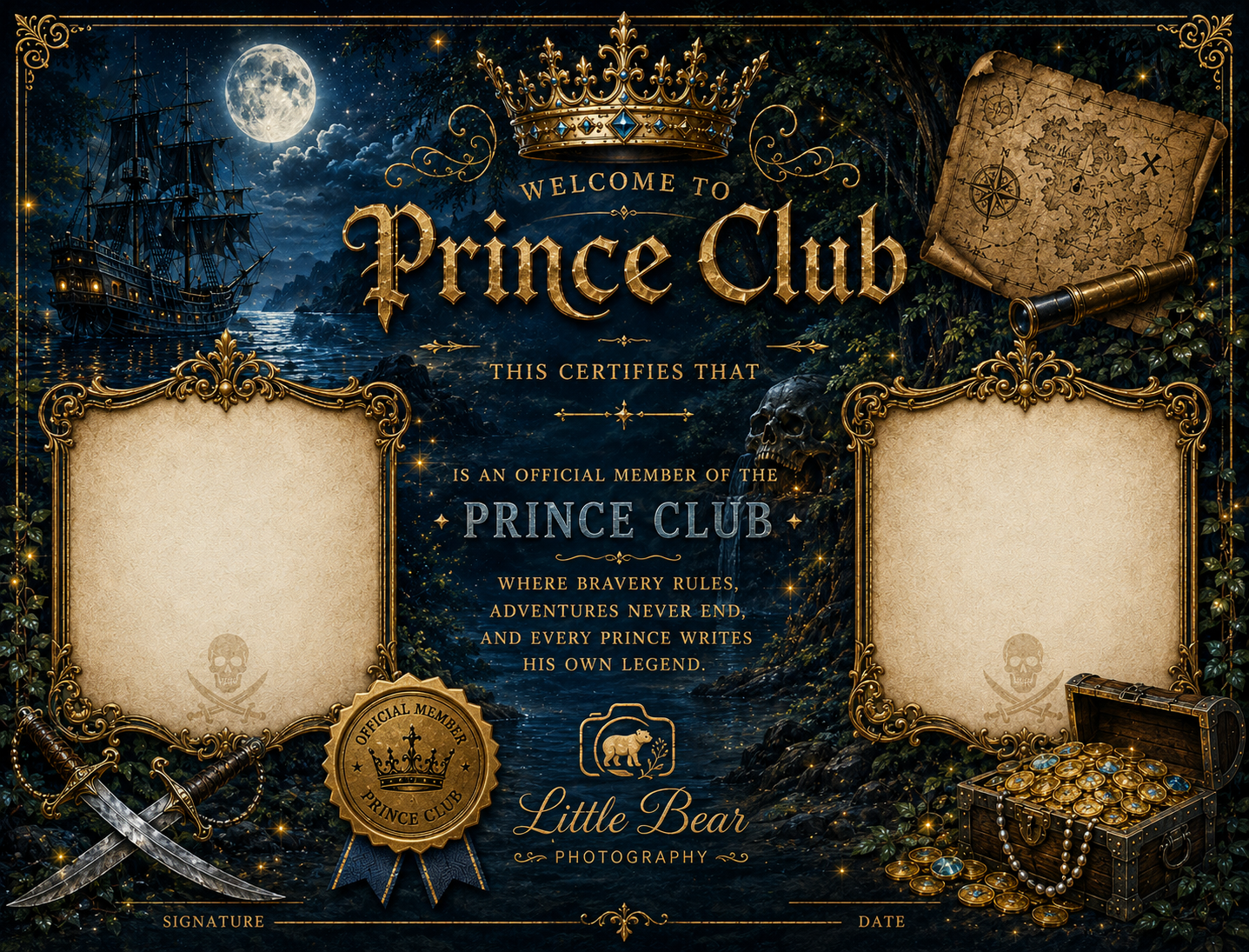 Ornate Prince Club membership certificate with gold frames, crown, pirate ship, treasure chest, and Little Bear Photography branding.