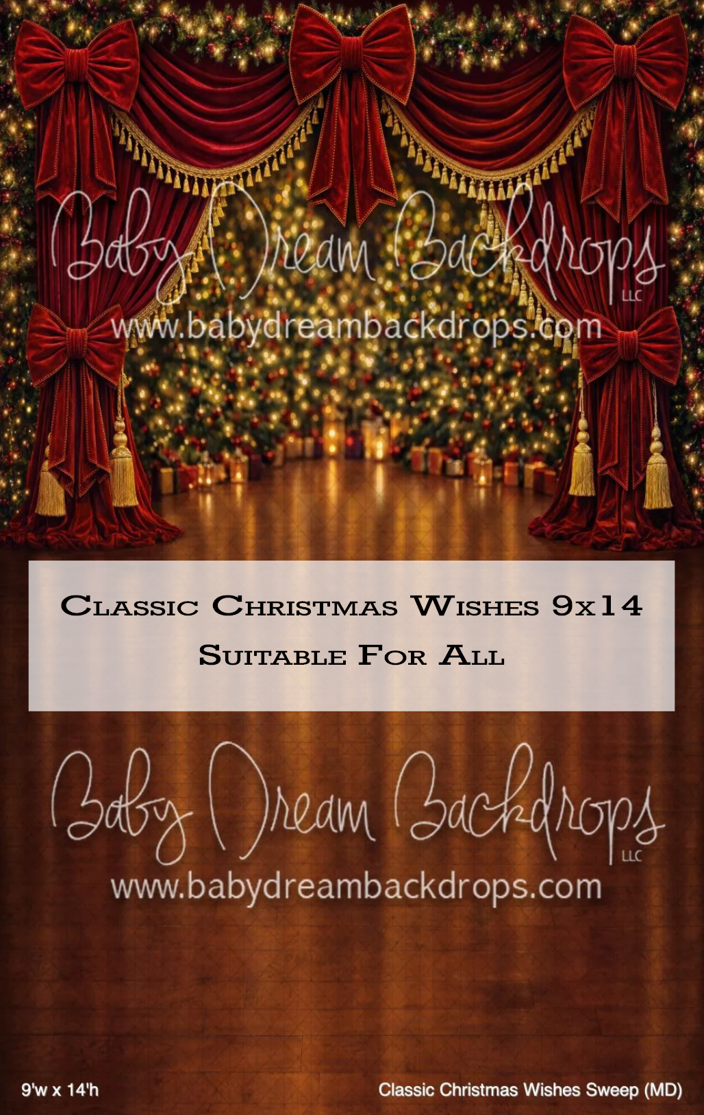 Classic Christmas Wishes 9x14 photography backdrop featuring red velvet curtains, golden tassels, and warm holiday lighting.