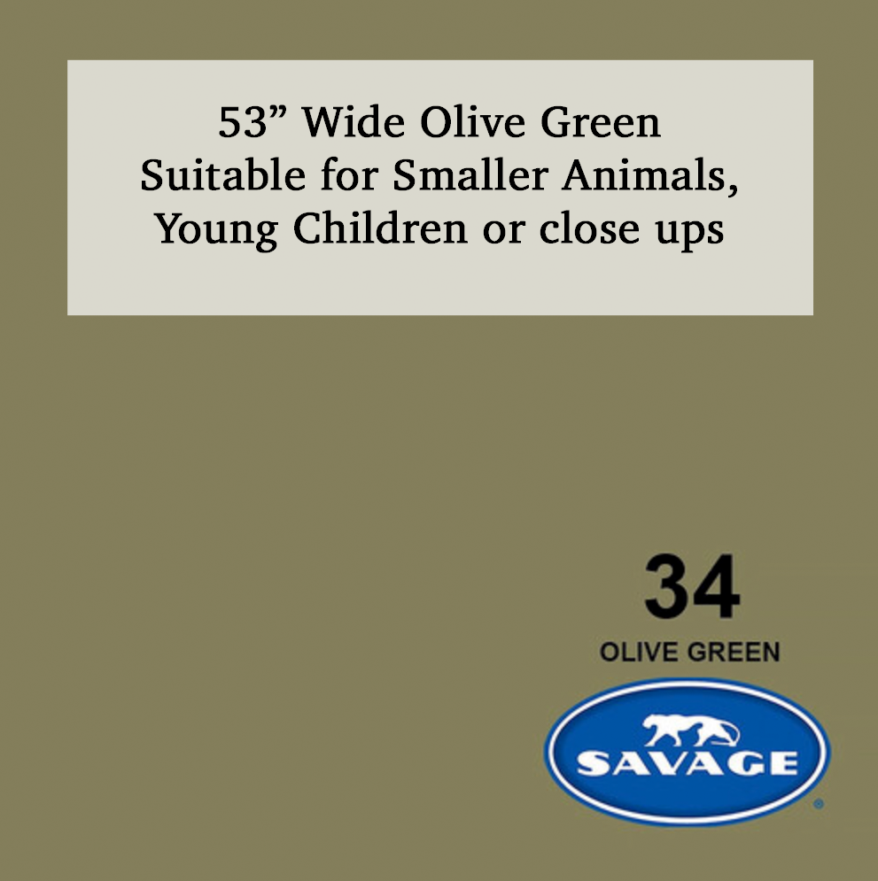 Savage 53-inch wide Olive Green color #34 paper backdrop roll suitable for smaller animals, children, or close-up photography.