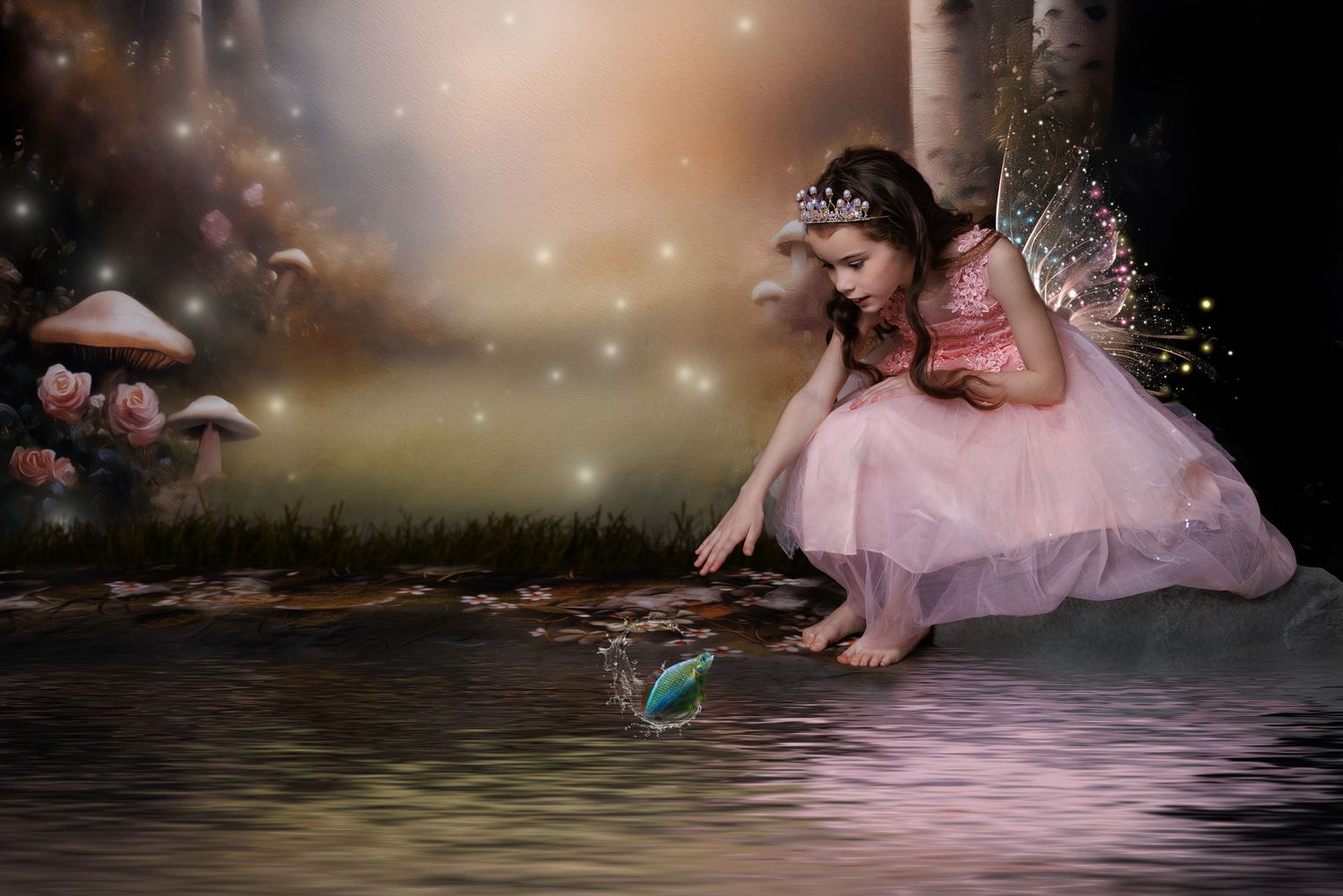A fairy girl in a pink dress crouches by a magical pond reaching for a glowing butterfly.
