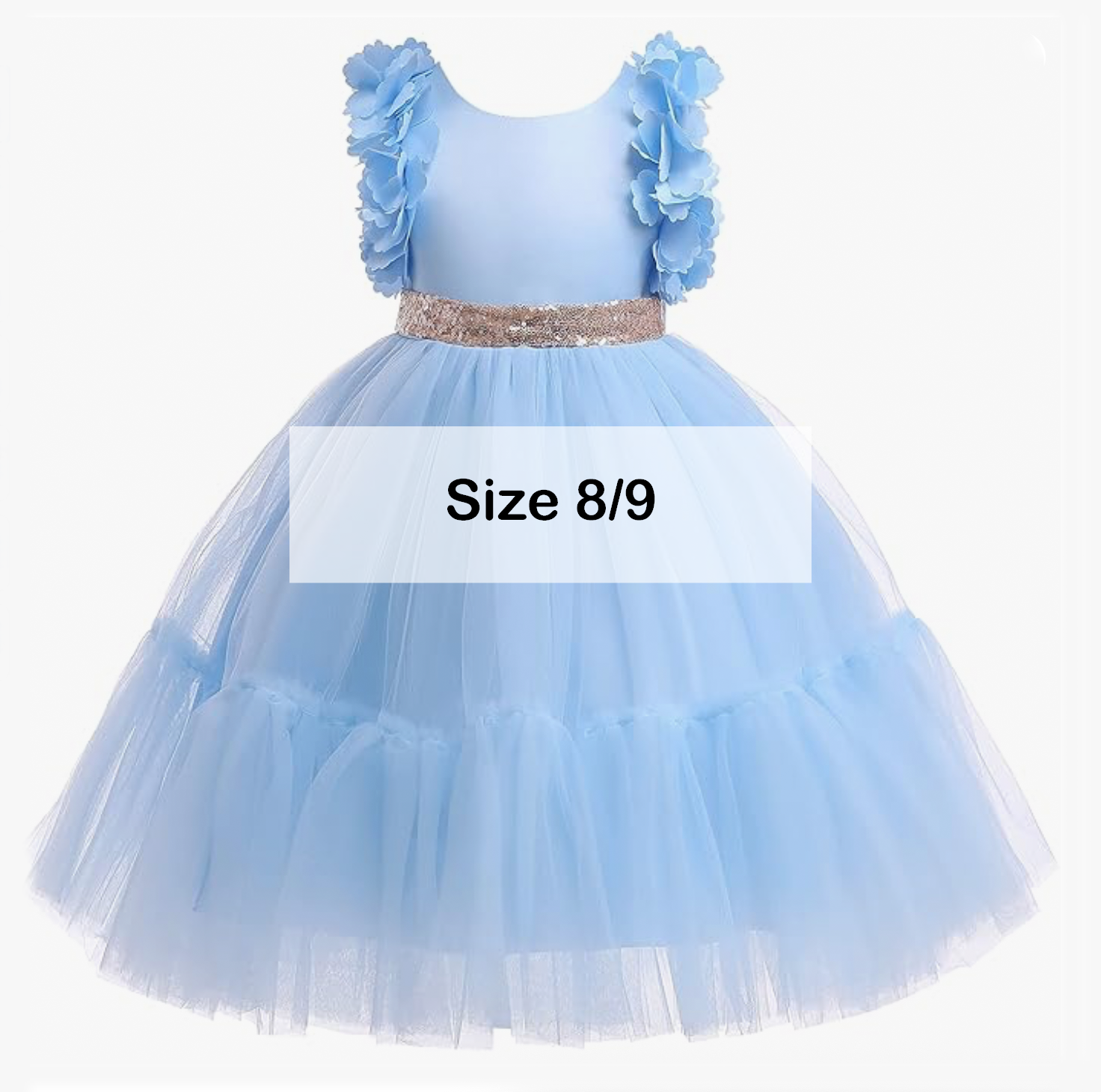 Light blue tulle flower girl dress with gold sequin belt in size 8/9.