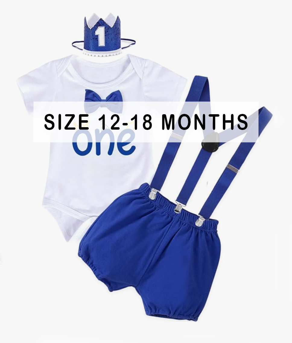 Boys size 12-18 months first birthday set with white onesie, royal blue bloomer shorts, suspenders, and crown.
