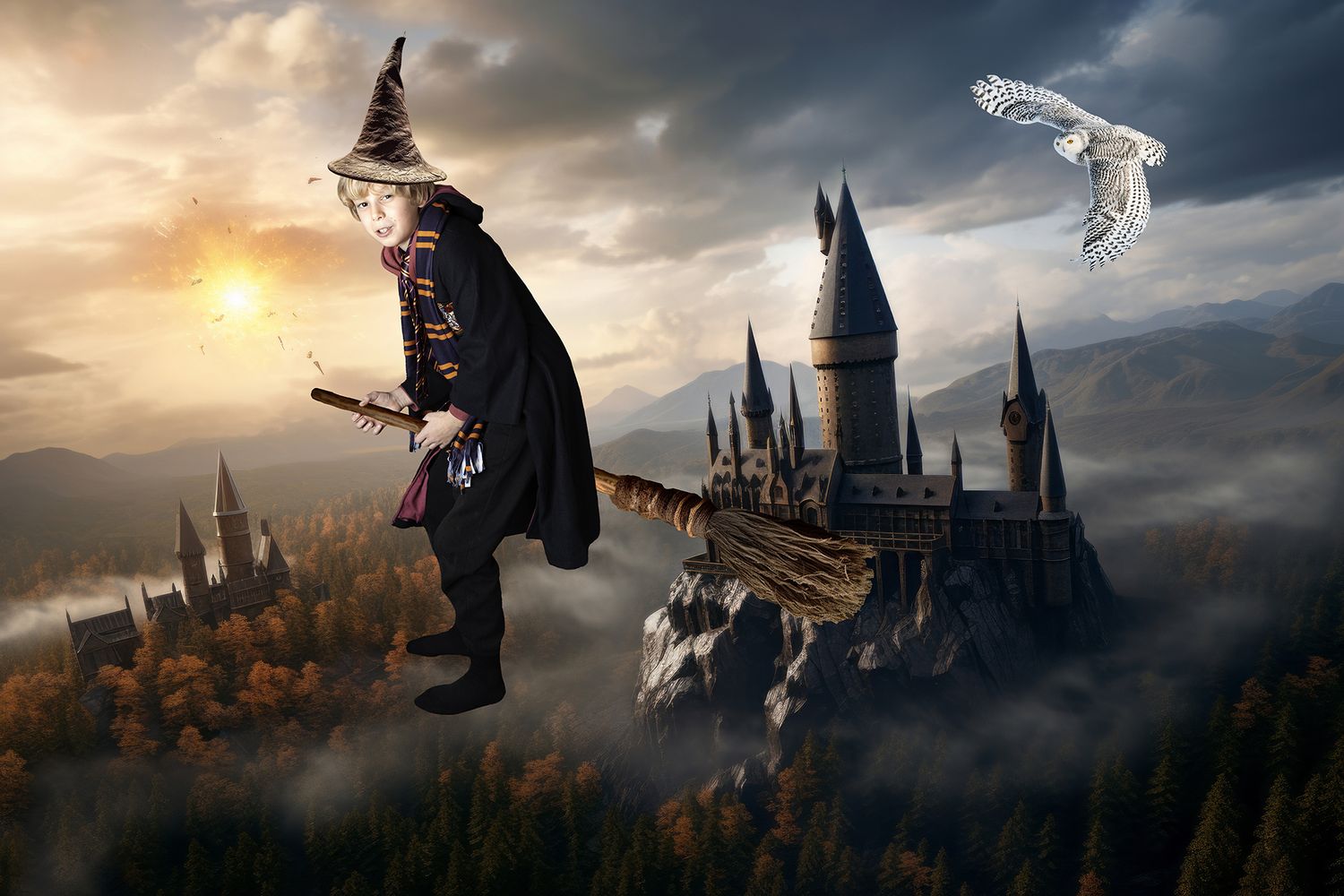 Child dressed as a witch flying on a broomstick over Hogwarts castle in fantasy composite photo.