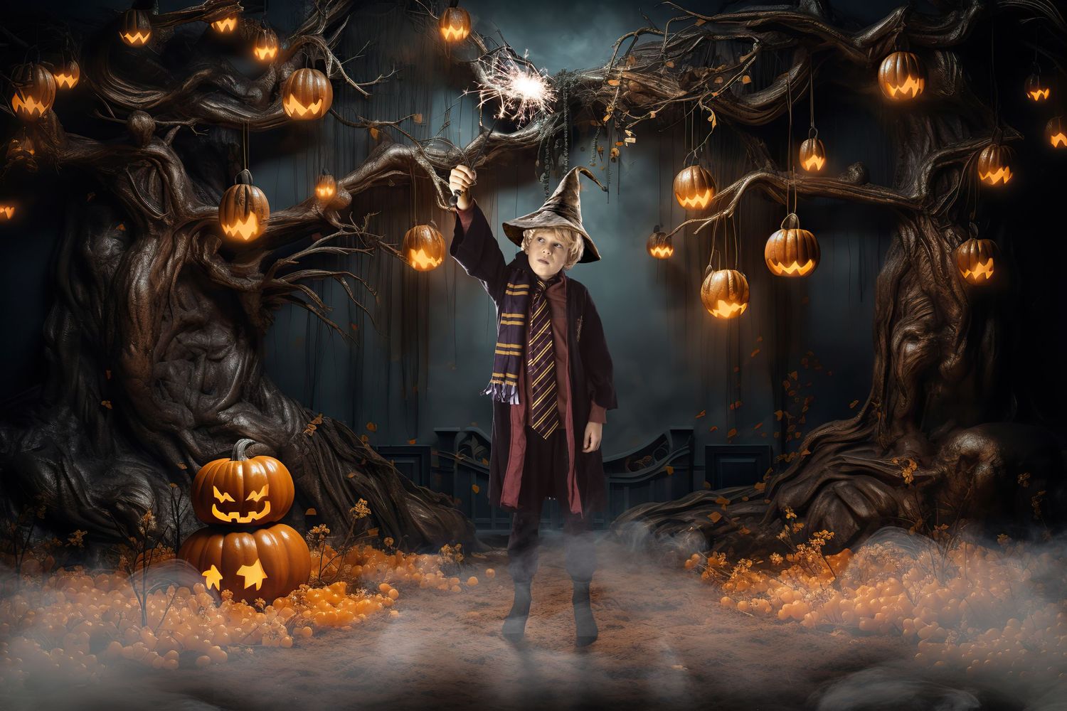 Child in wizard costume raising a glowing wand among Halloween pumpkin trees in a spooky forest.