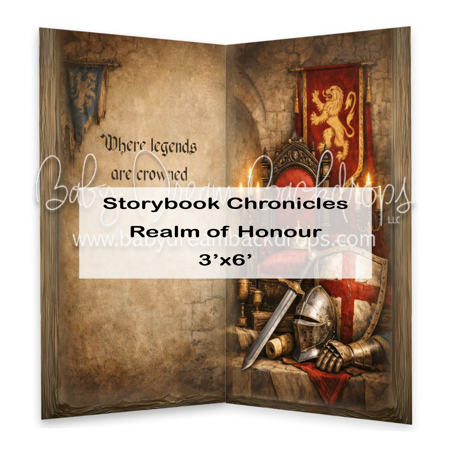 Medieval Realm of Honour storybook backdrop with knight armor, shield, and banner, 3x6 ft.