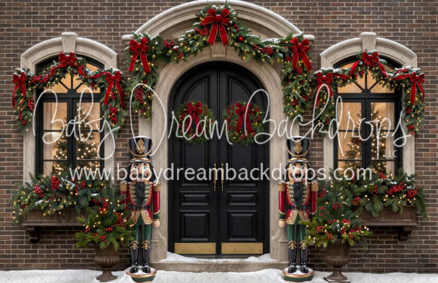 Christmas decorated brick building entrance with nutcracker soldiers, garland, red bows, and snow-dusted steps.