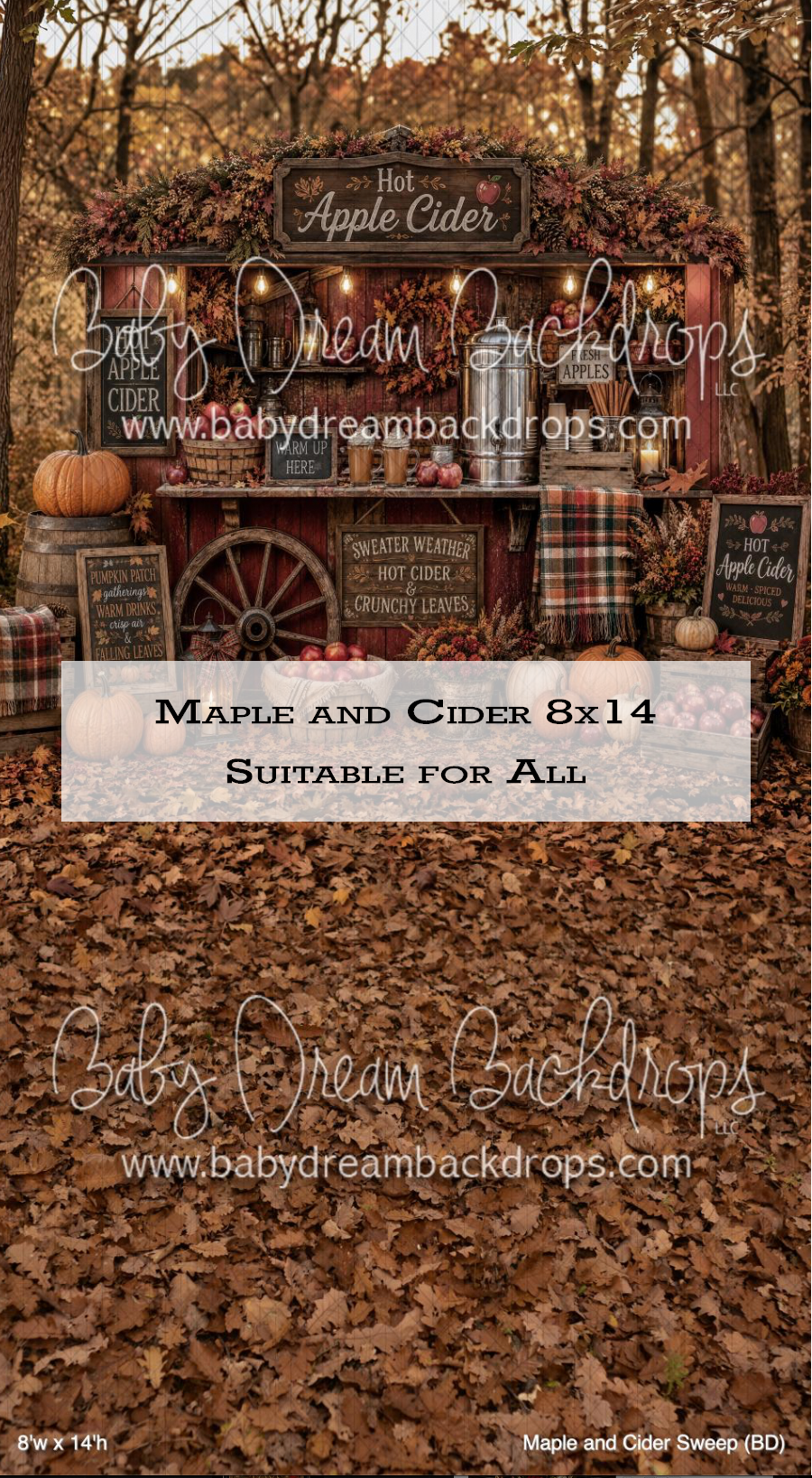 Autumn apple cider stand photography backdrop with fall leaves, pumpkins, and rustic decor, 8x14 size by Baby Dream Backdrops.