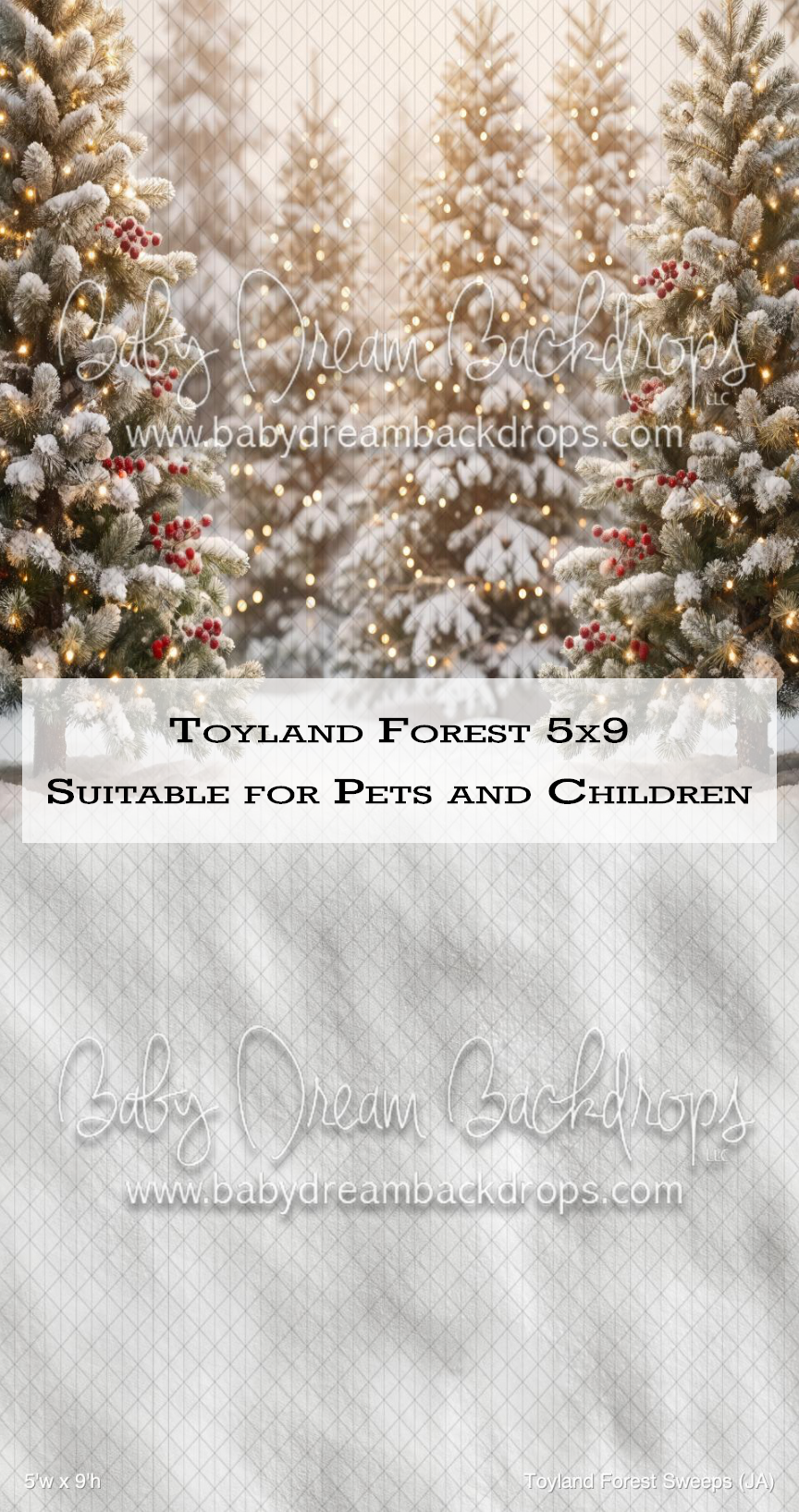 Toyland Forest 5x9 photography backdrop with snow-covered pine trees, fairy lights, and red berries, suitable for pets and children.