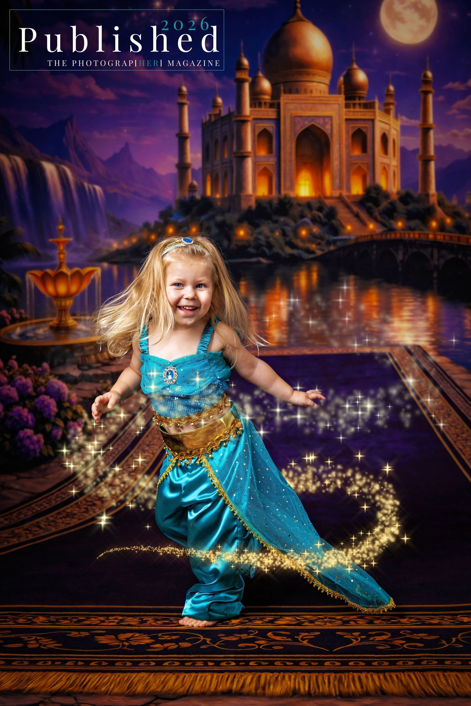Young girl in teal Princess Jasmine costume dancing on magic carpet with Taj Mahal backdrop and golden sparkles.