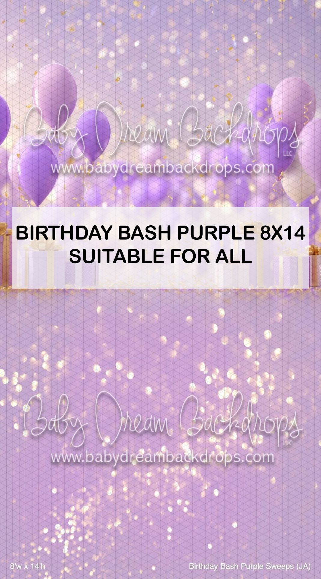 Purple birthday bash photography backdrop with balloons and golden bokeh lights, 8x14, suitable for all ages.
