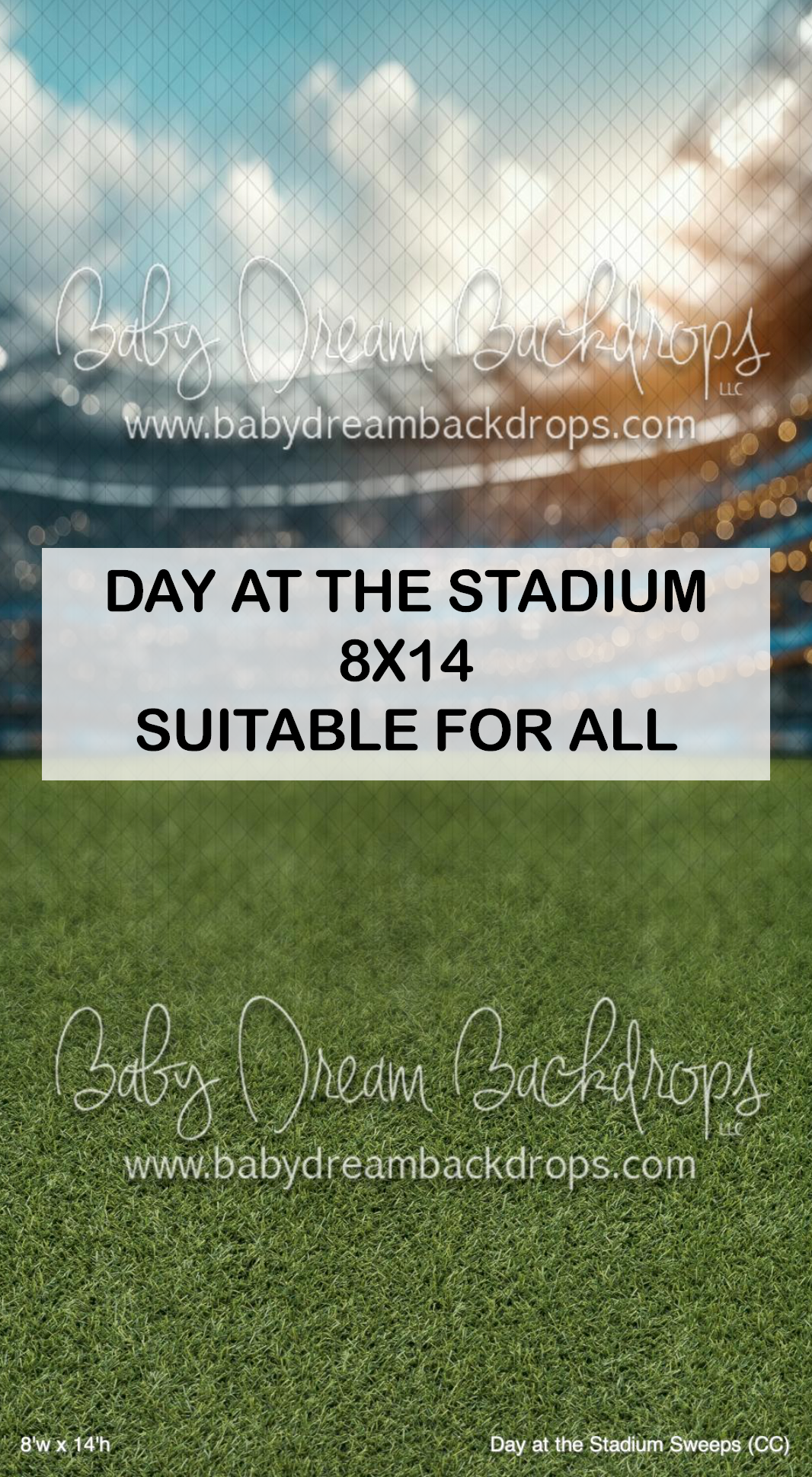 Baby Dream Backdrops 8x14 Day at the Stadium photography backdrop featuring green grass field and stadium crowd background.