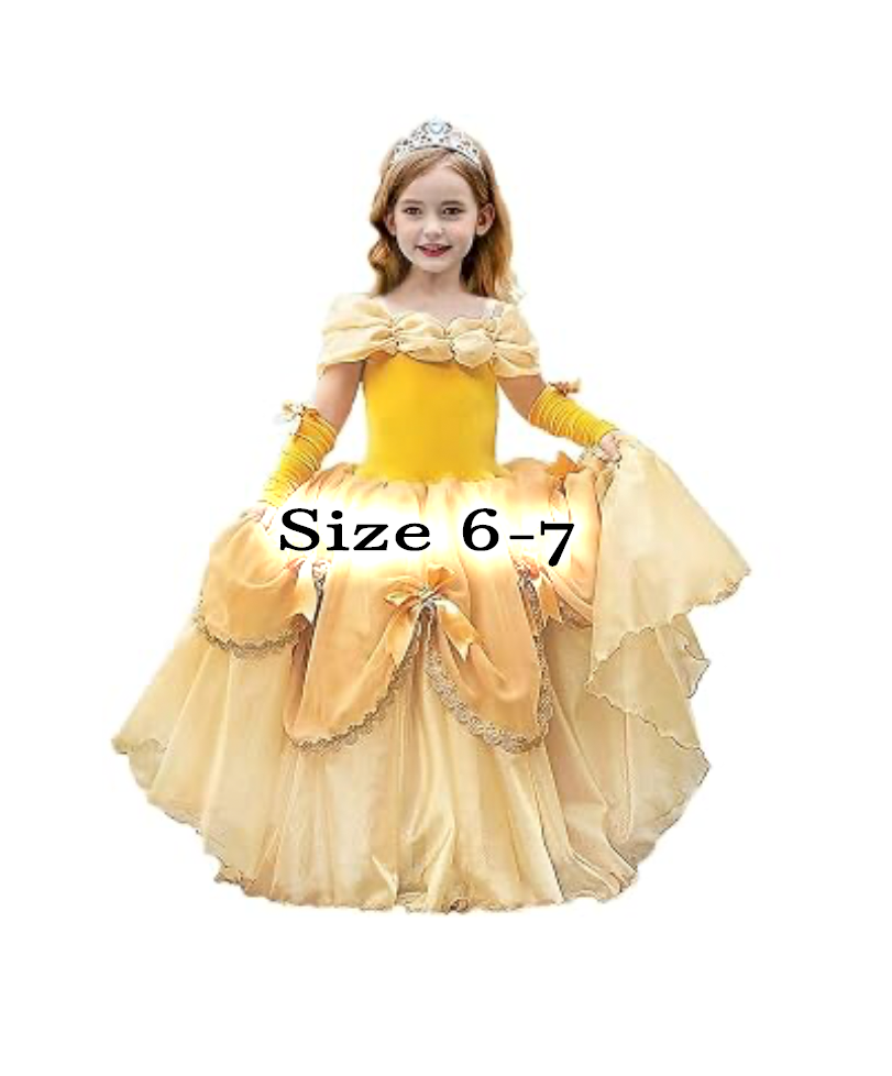 Girl wearing a yellow Belle princess ball gown costume dress, size 6-7, with gloves and tiara.