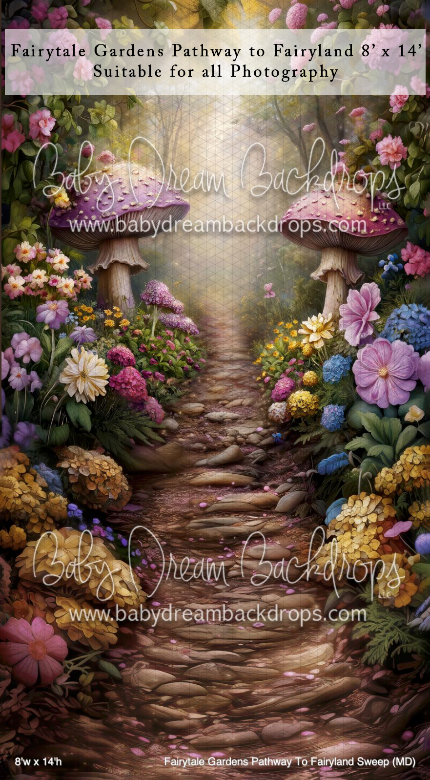 Fairytale Gardens Pathway to Fairyland 8x14 sweep backdrop with colorful flowers and mushrooms for all photography.